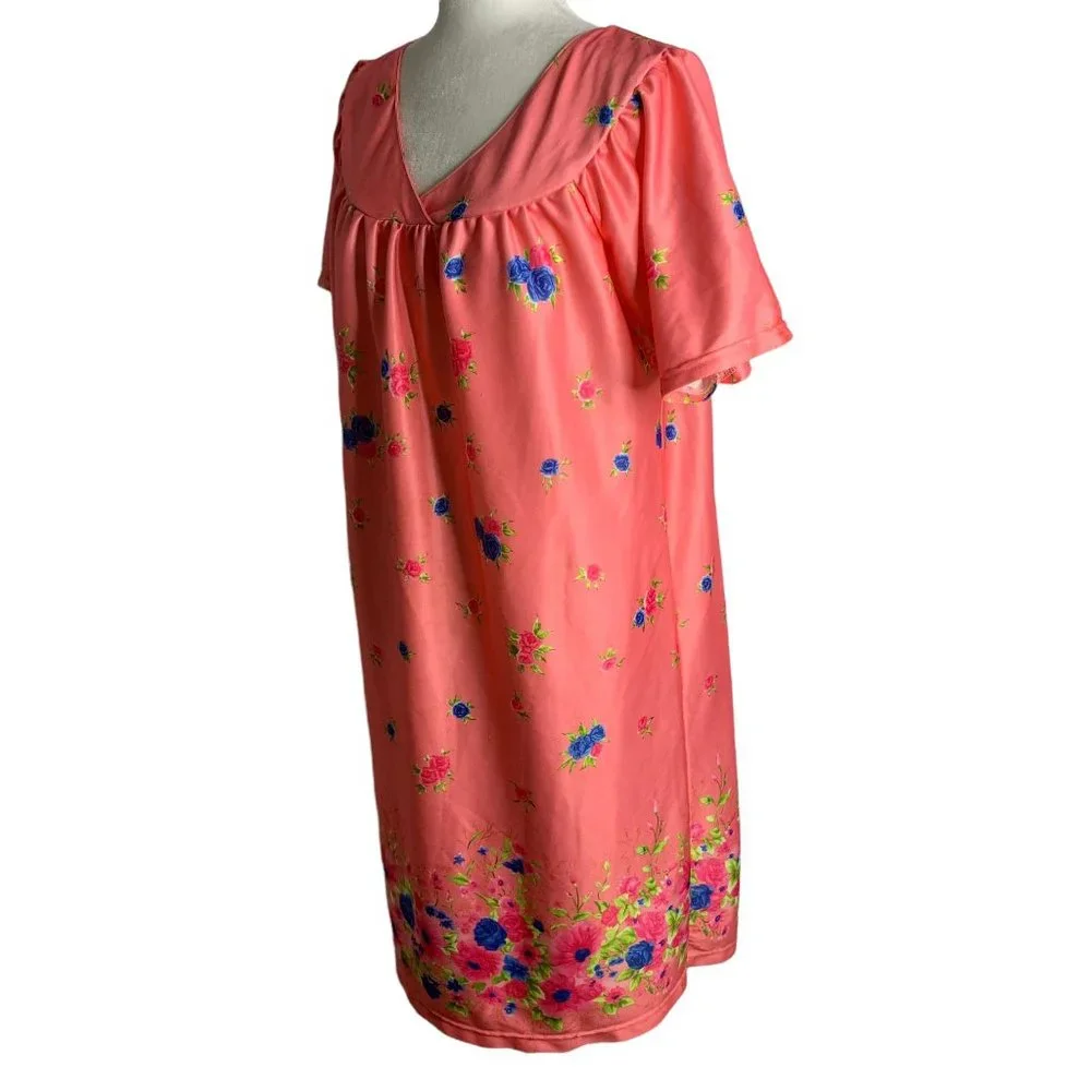 Vintage Lati Fashion MuuMuu House Dress XL Pink Floral V Neck Short Sleeve - Picture 6 of 7